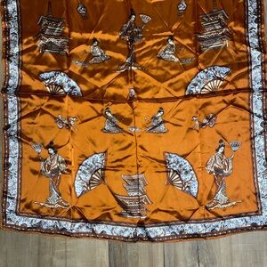 Vintage31” X 31” Rolled Hem Square Acetate Asian Theme Scarf Chartreuse Japan